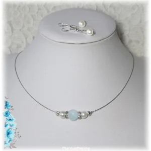 Collier de mariée aigue-marine bleu ciel, blanc, strass - Collection "Isaëlle"
