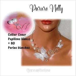 Collier parure mariée Coeur et Papillons blancs/ivoires Nelly